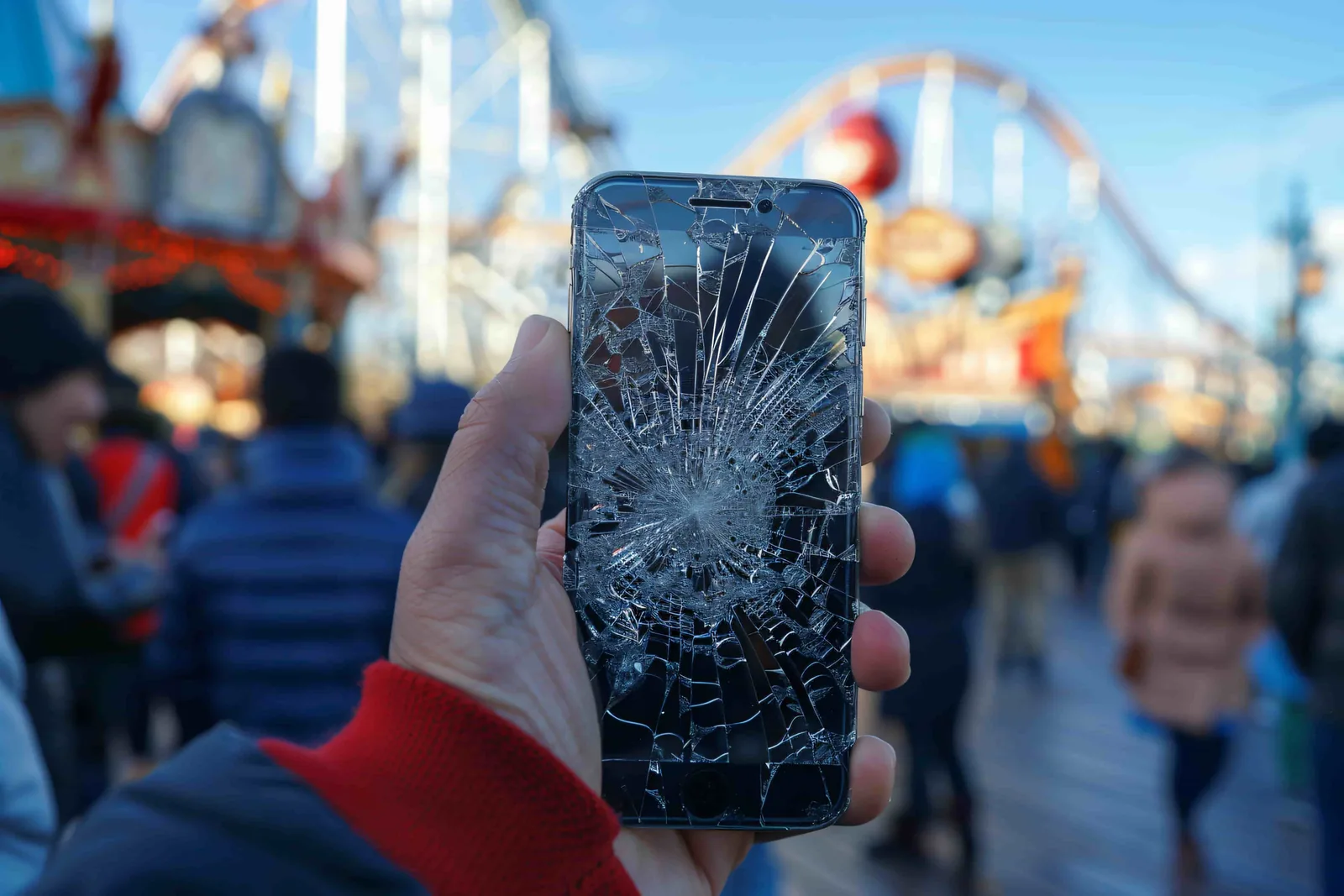Hand holding a shattered iPhone with a spiderwebbed screen