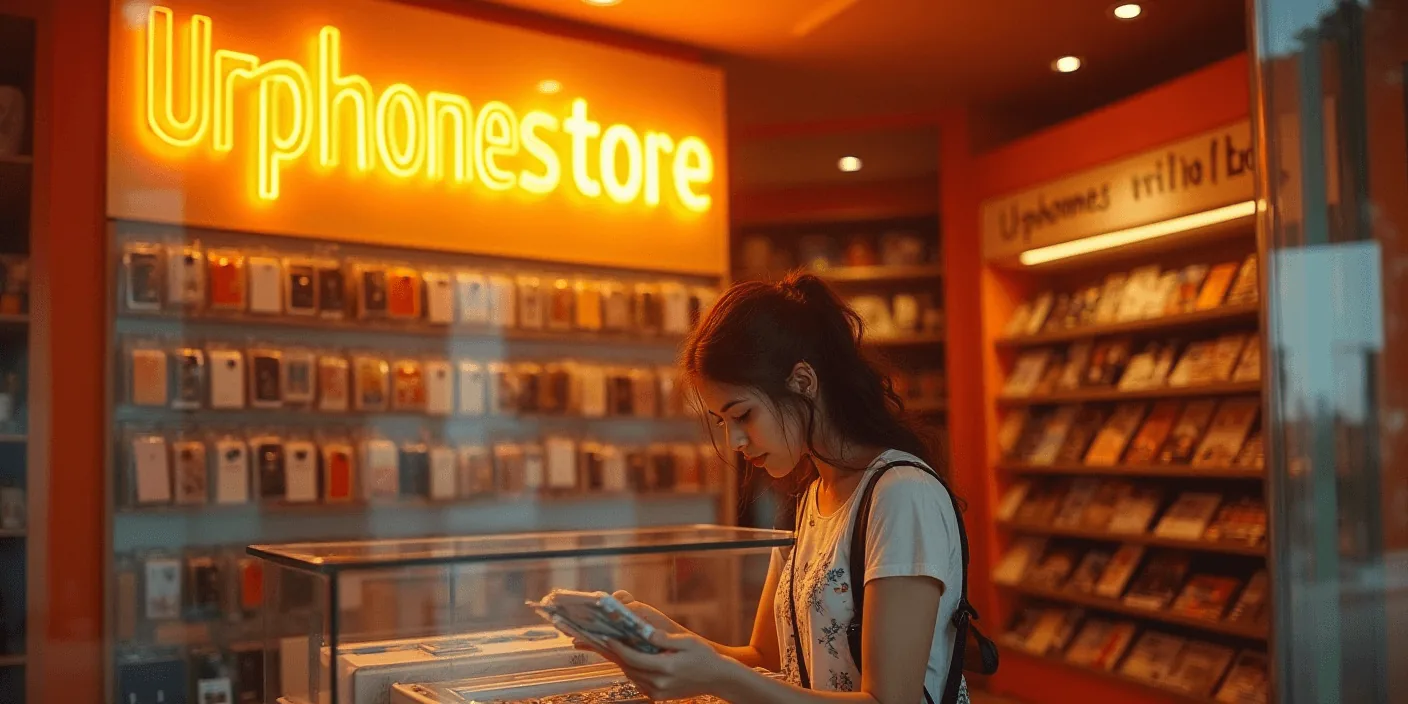 Customer checking her phone at the URPhone Store counter in Orlando