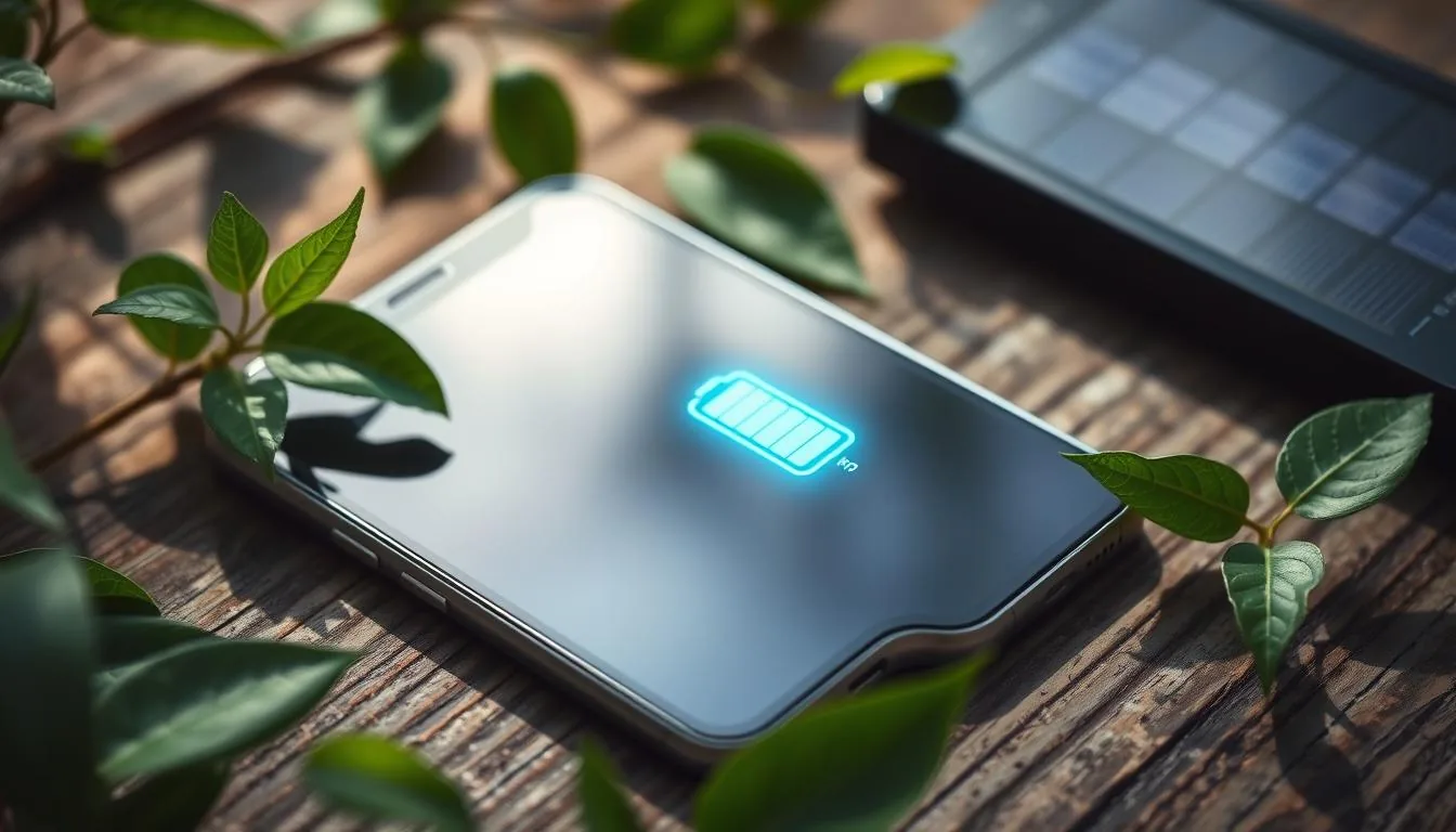 Phone showing a full battery icon resting among green leaves