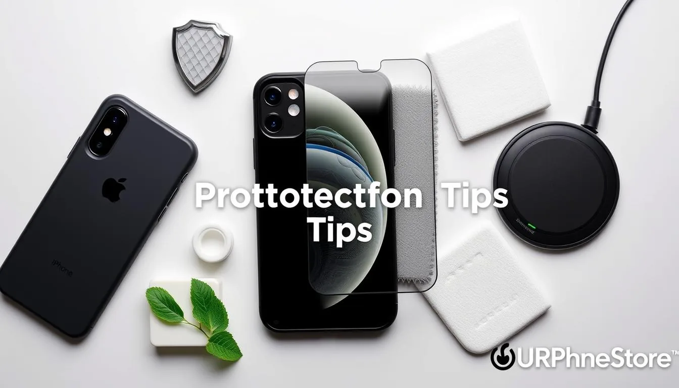 iPhone with a screen protector and protective accessories laid out on a table