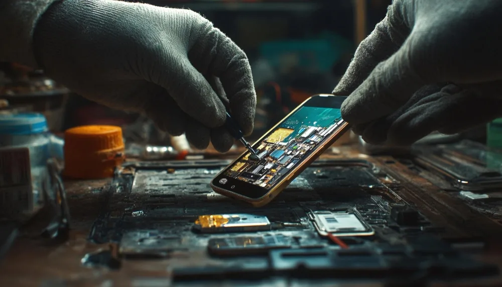 Technician in gloves working precisely on an open phone at a repair bench