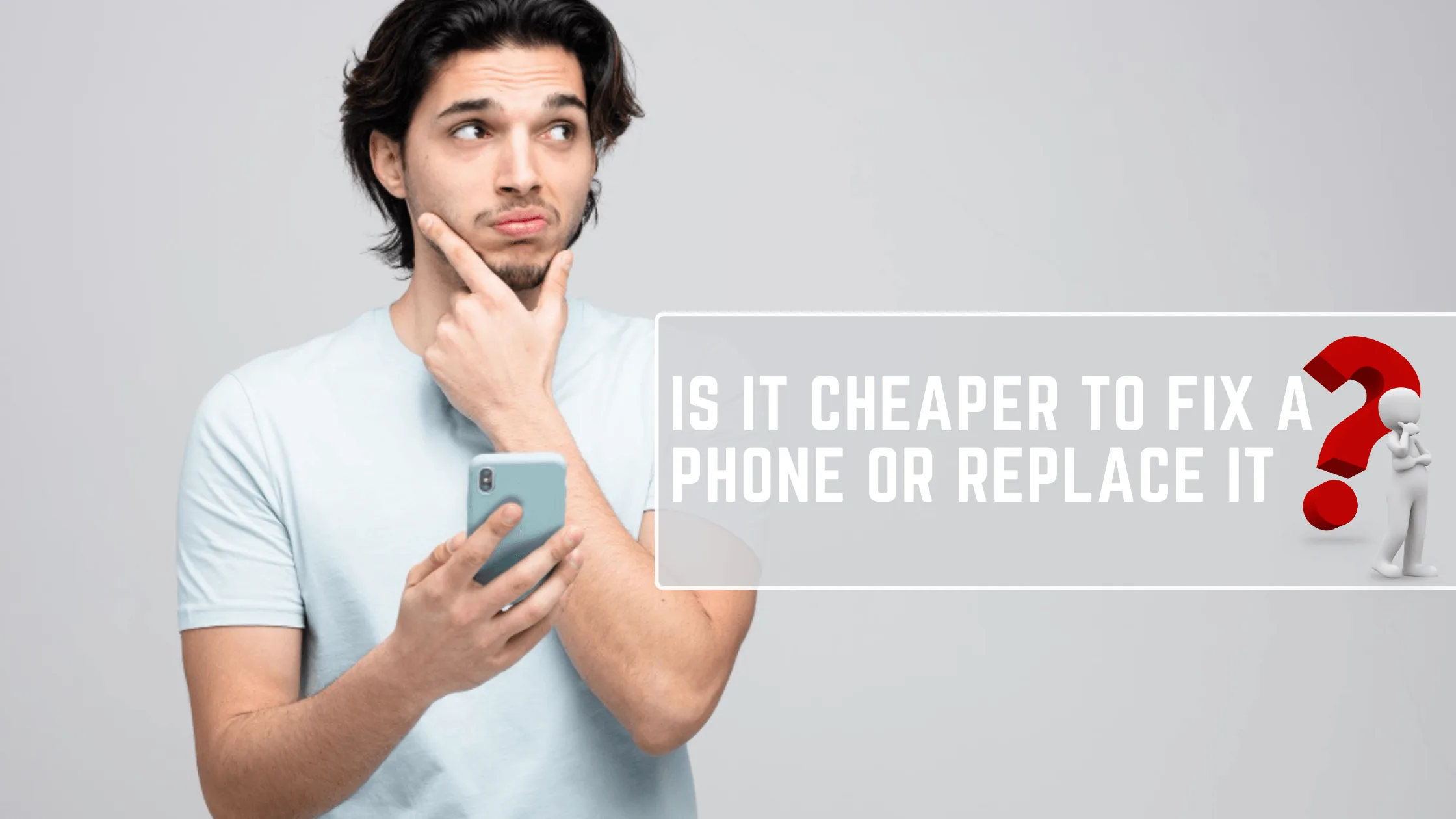 Man looking thoughtfully at his phone, weighing whether to repair or replace it
