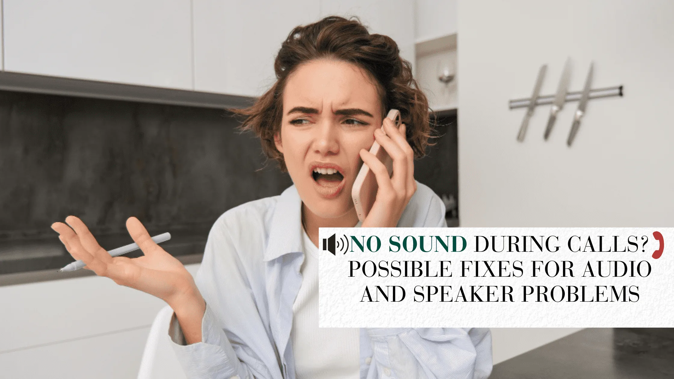 Frustrated woman unable to hear during a phone call