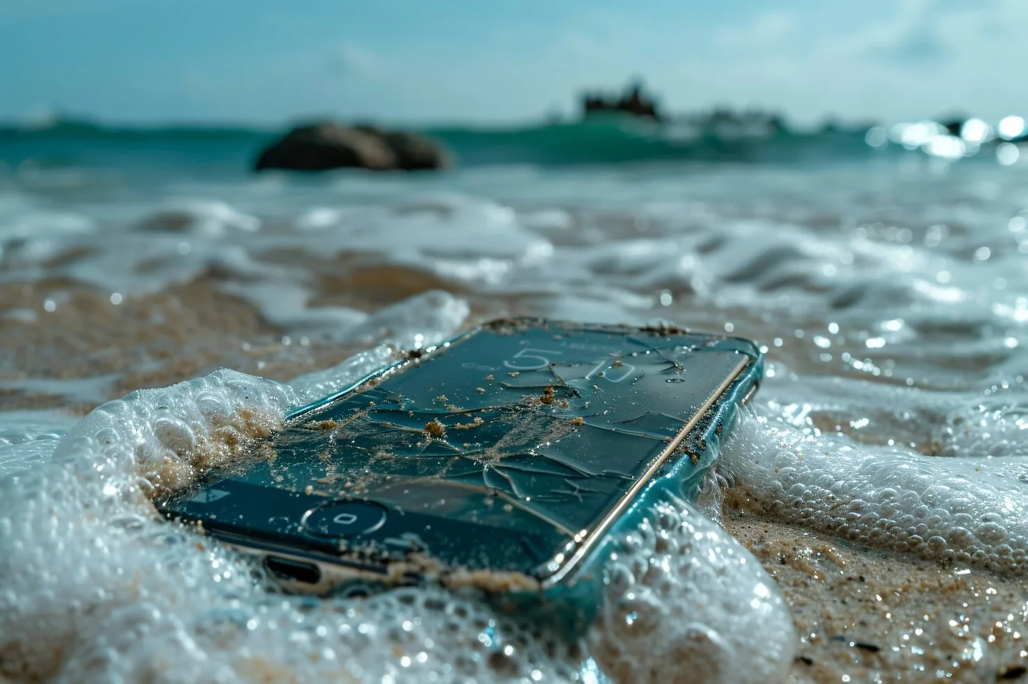 Cracked smartphone lying in ocean waves on the sand