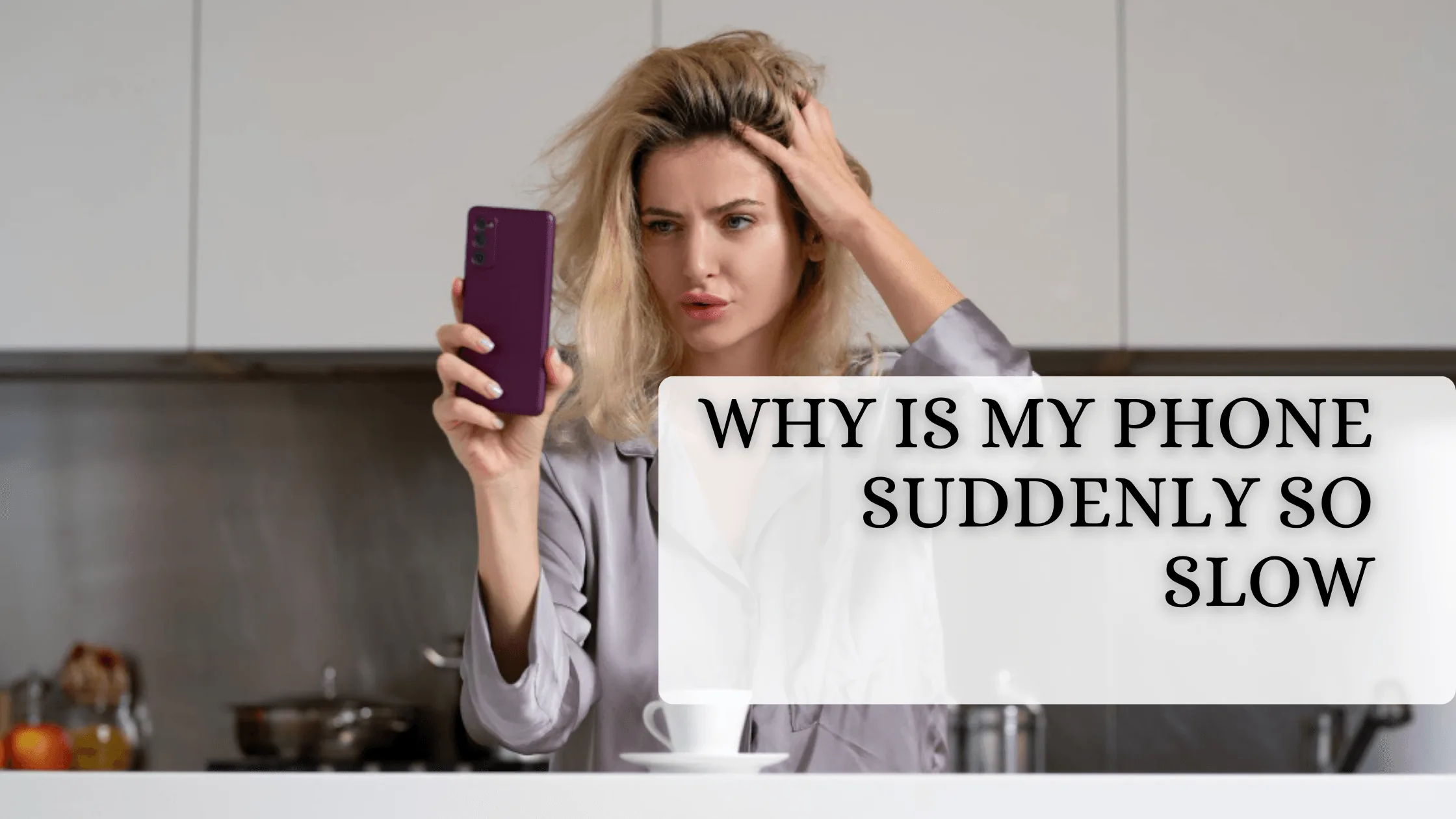 Frustrated woman looking at her slow phone in the kitchen