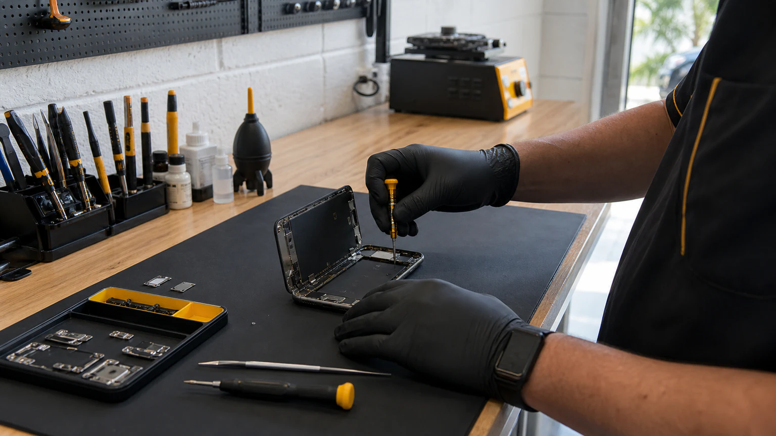 Experienced phone repair technician working at a clean Orlando repair bench