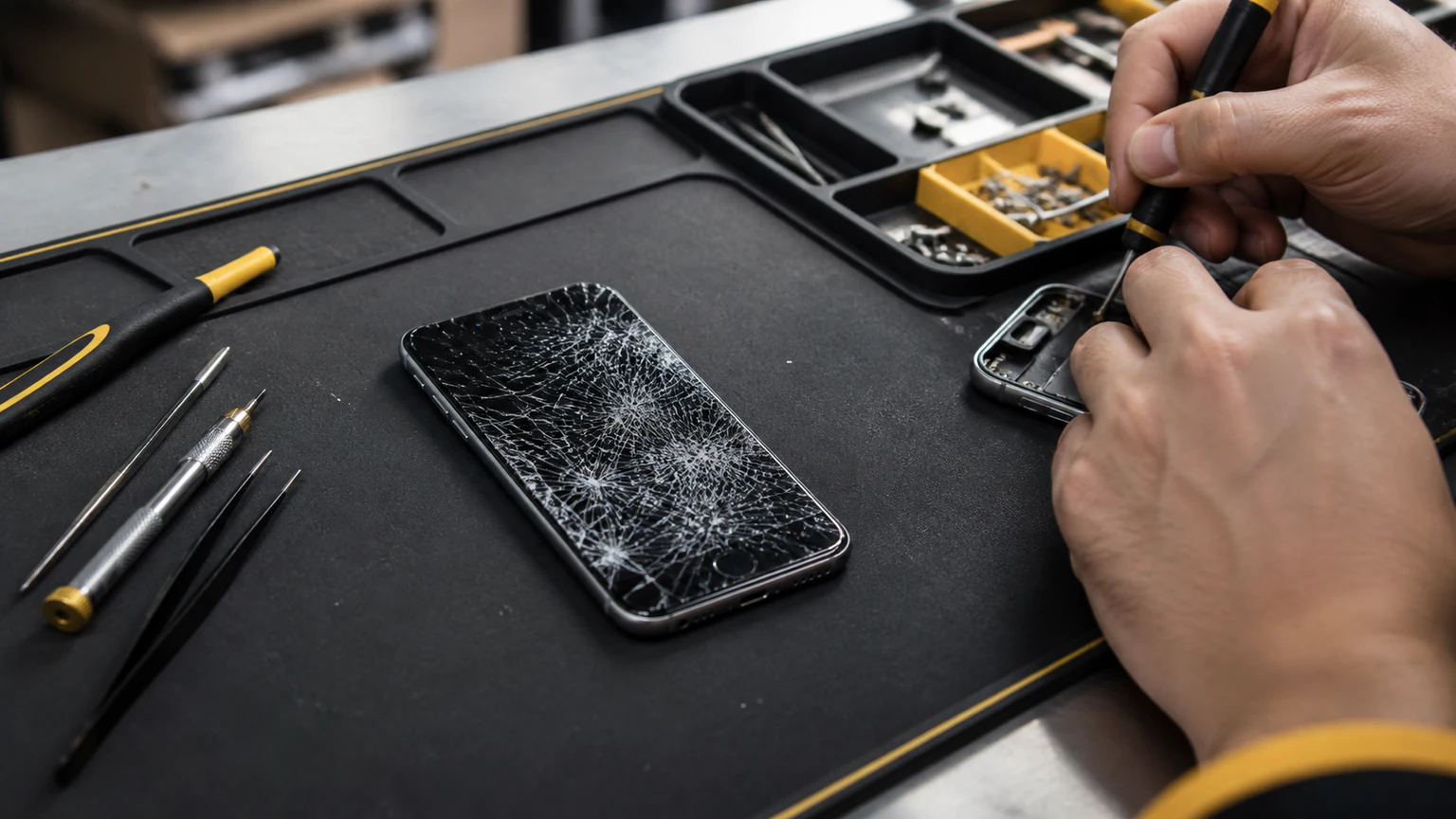 Severely cracked smartphone screen ready for professional repair in Orlando
