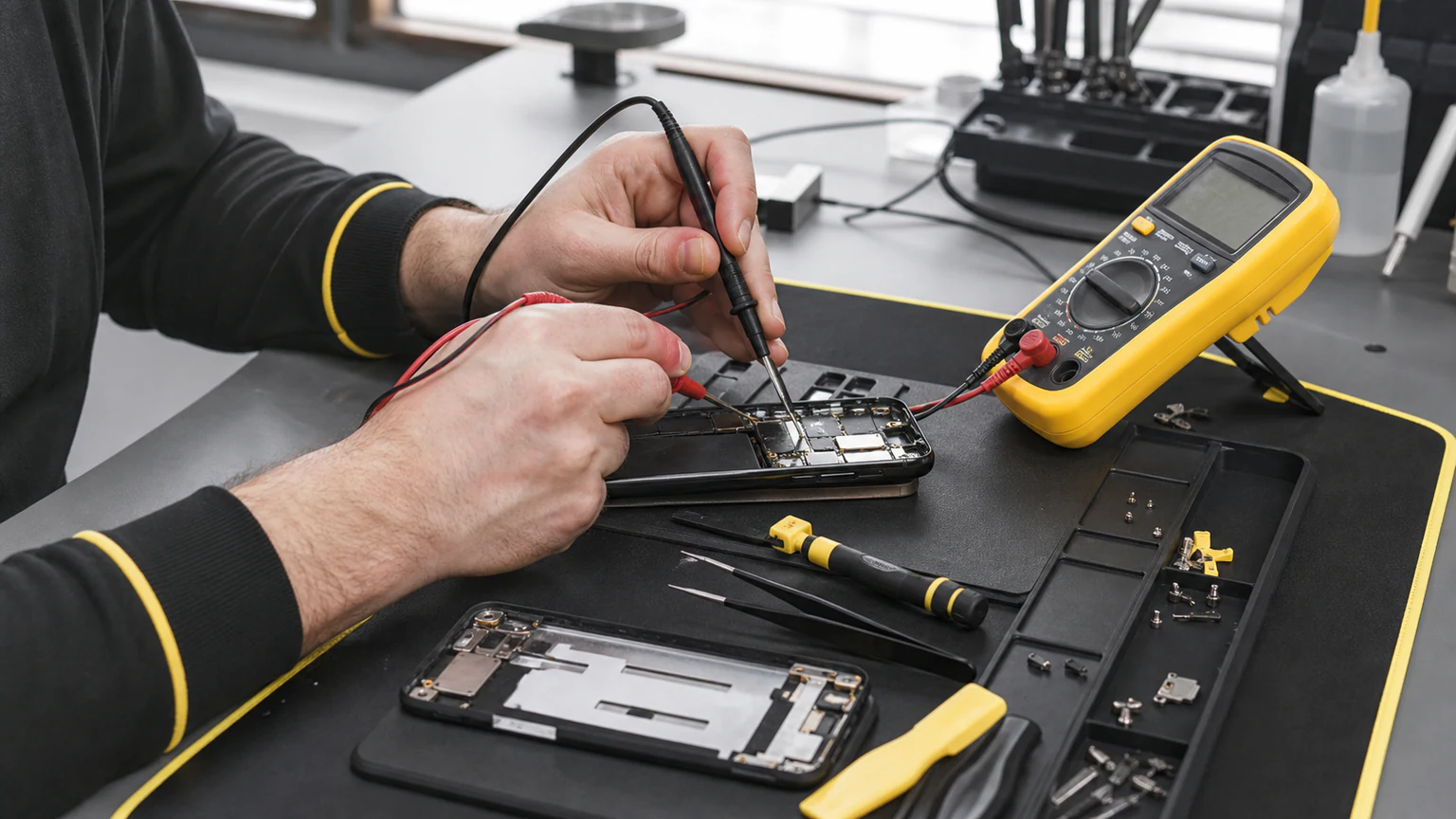 Phone repair technician diagnosing a smartphone in Orlando