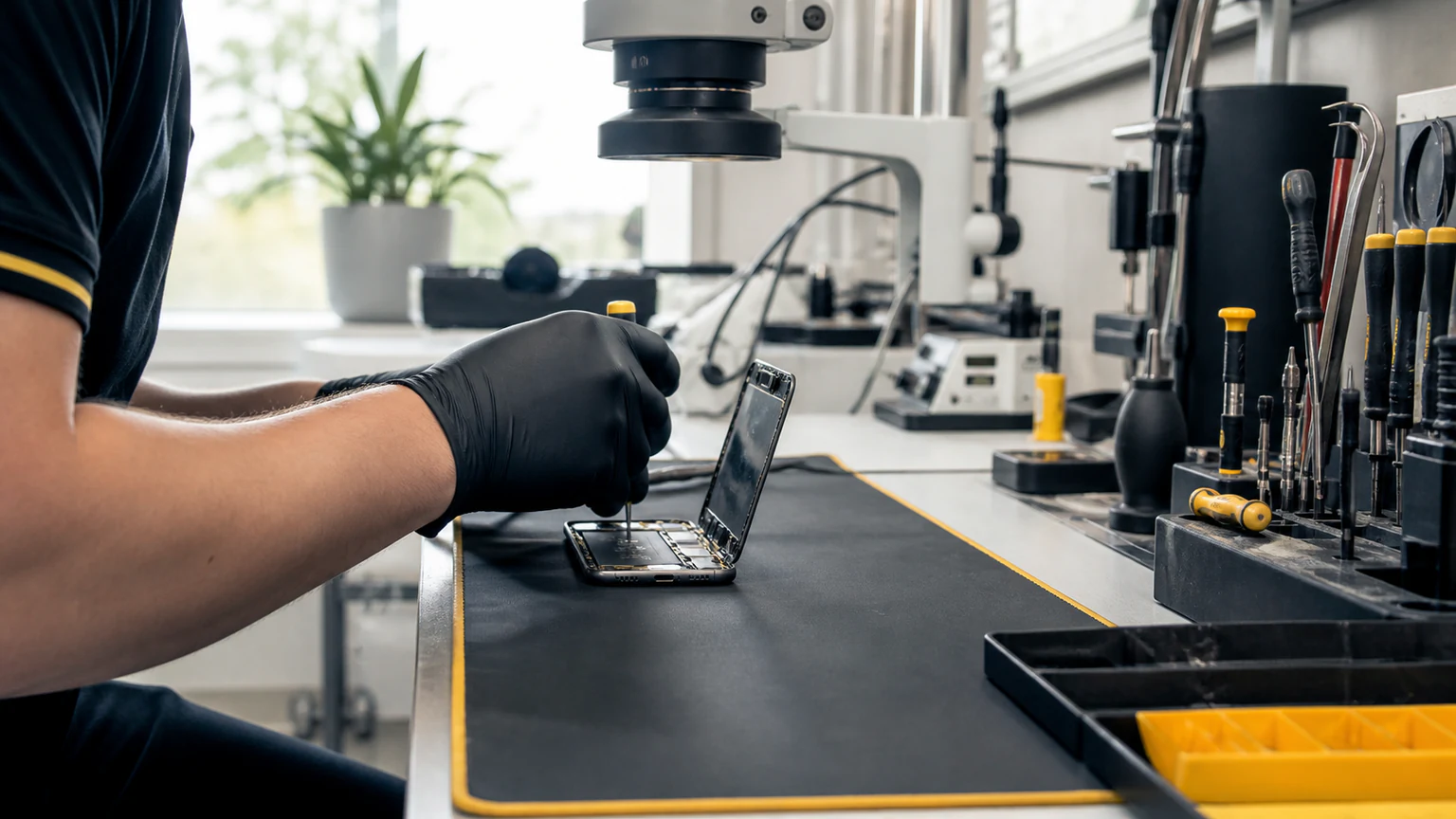 Clean professional phone repair bench with organized precision tools