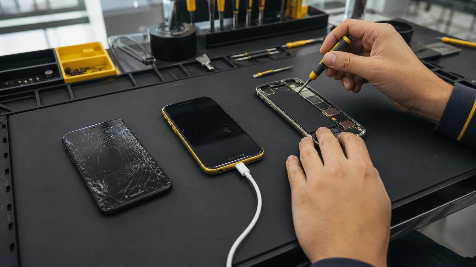Technician diagnosing several common smartphone problems at a repair bench