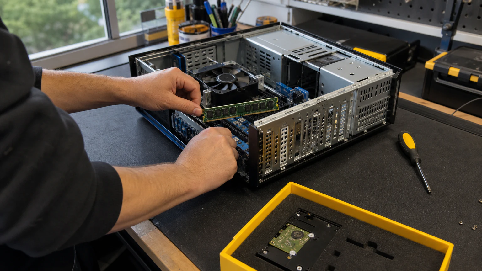 Technician repairing a desktop computer in Orlando