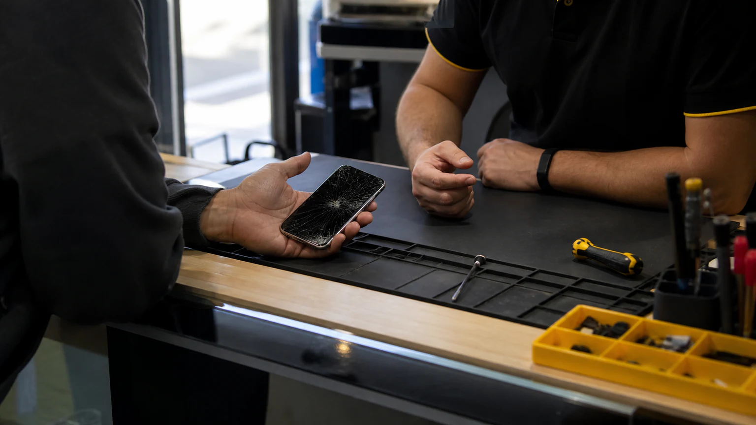 Customer speaking with a phone repair specialist at an Orlando service counter