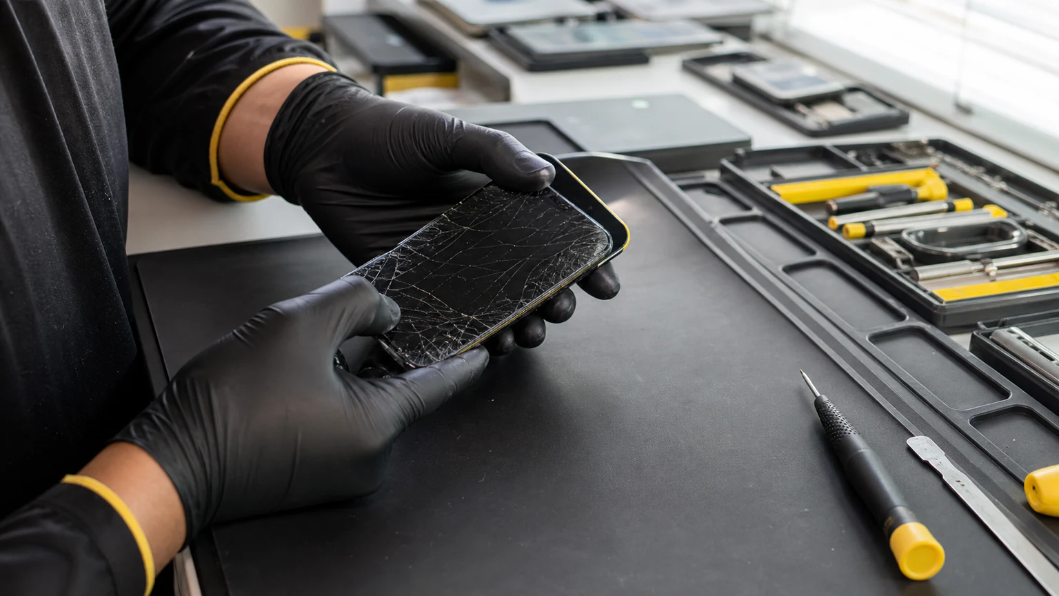 Technician safely inspecting sharp cracked smartphone glass
