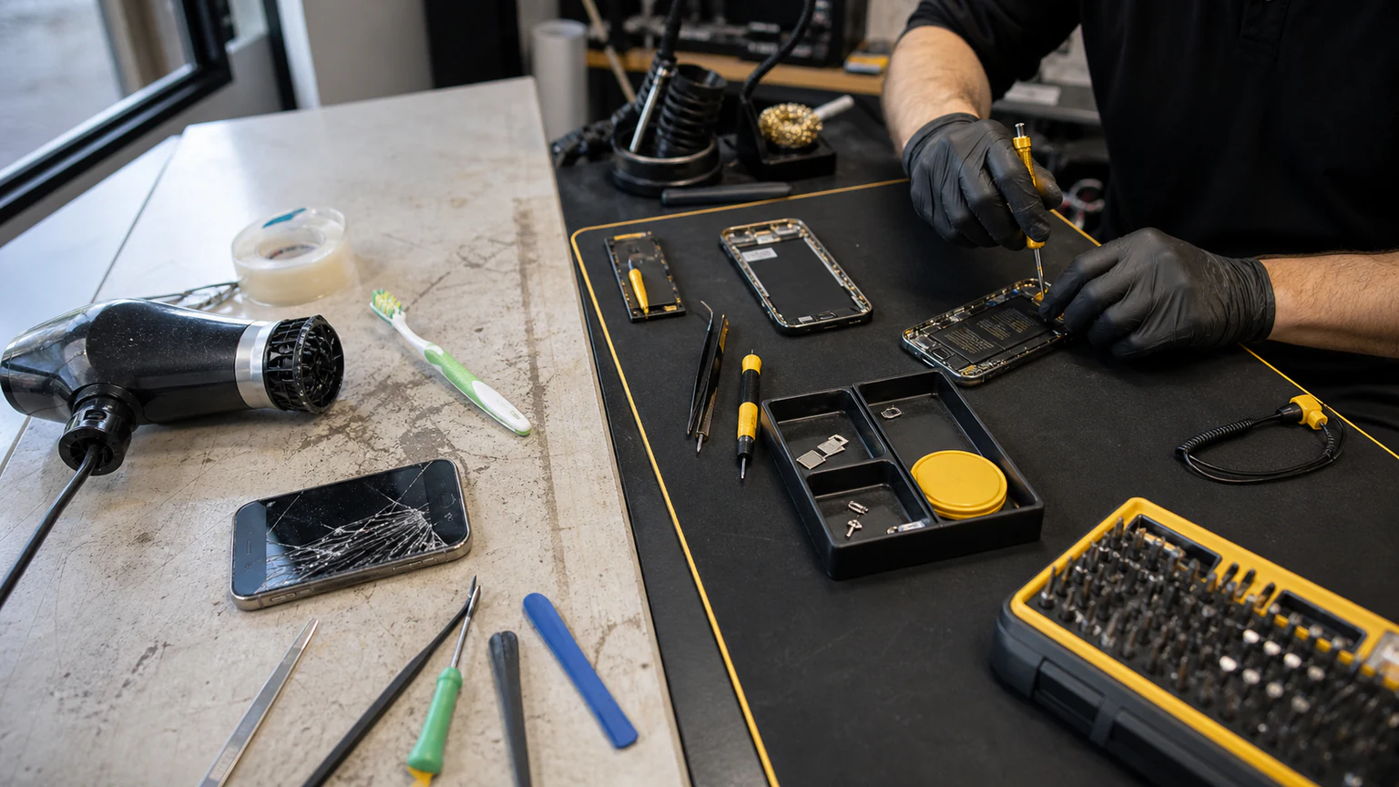 DIY phone tools compared with a professional smartphone repair setup