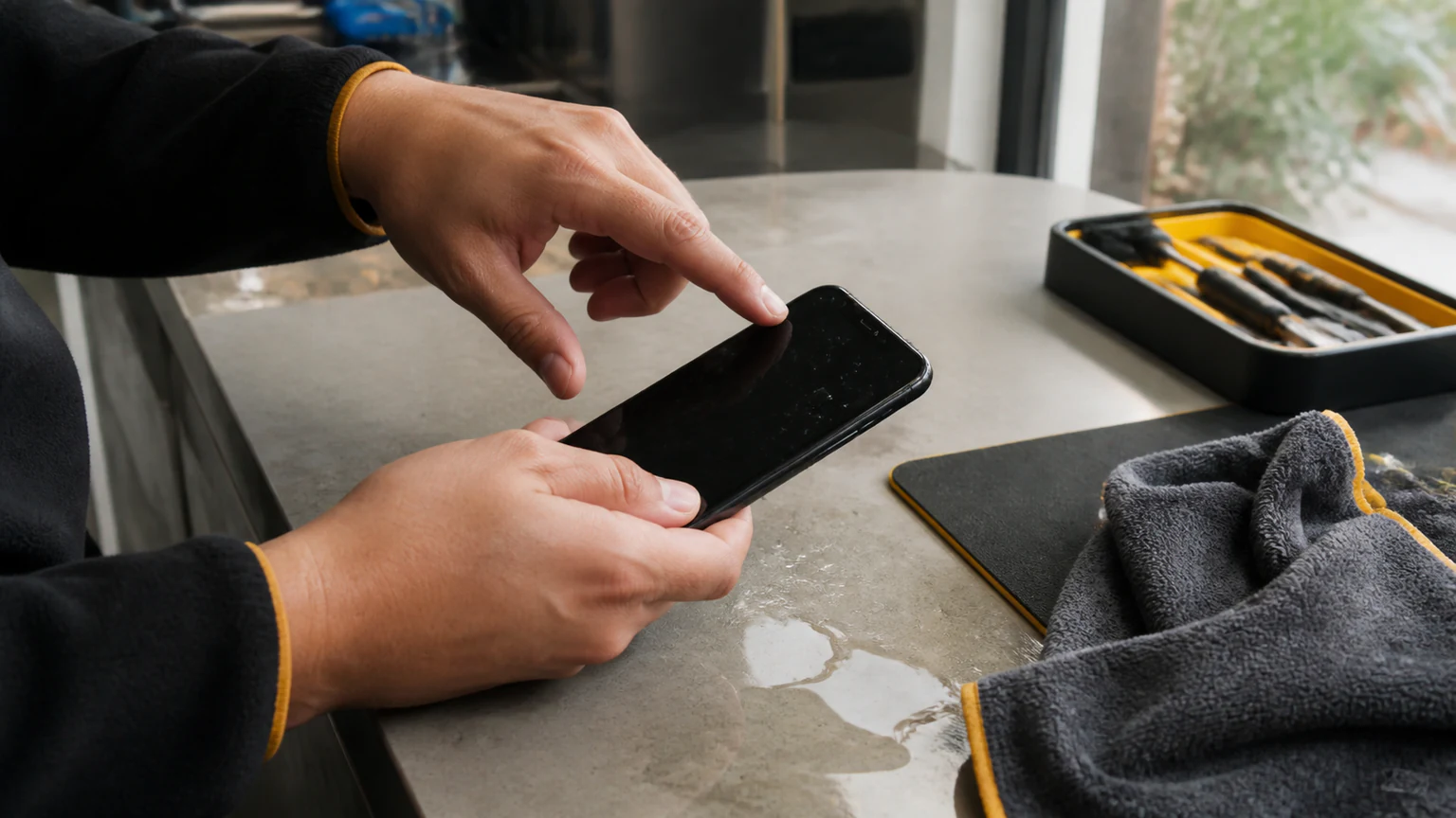 Wet smartphone being powered off after accidental water exposure