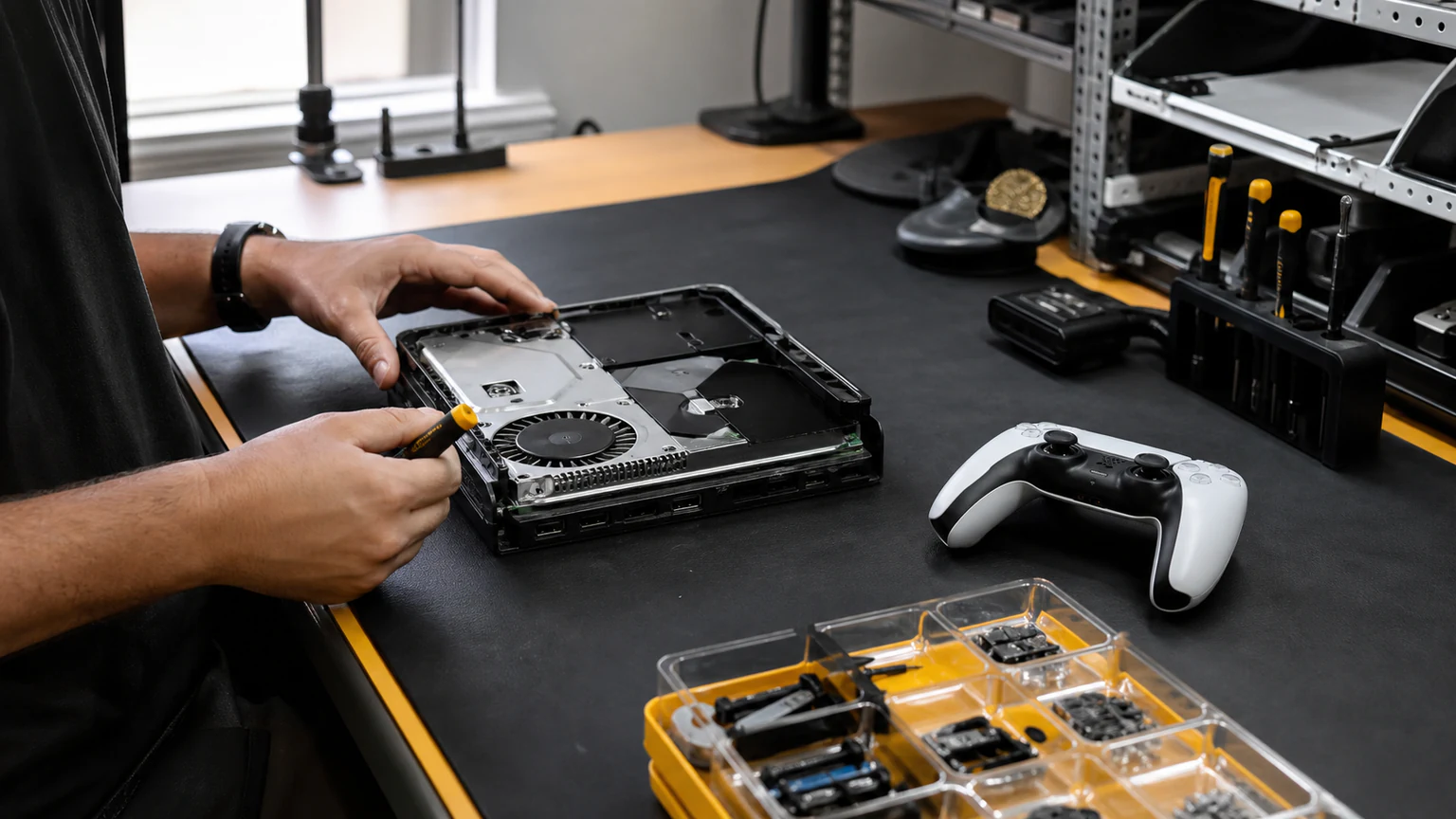 Technician repairing a home game console at an Orlando workbench