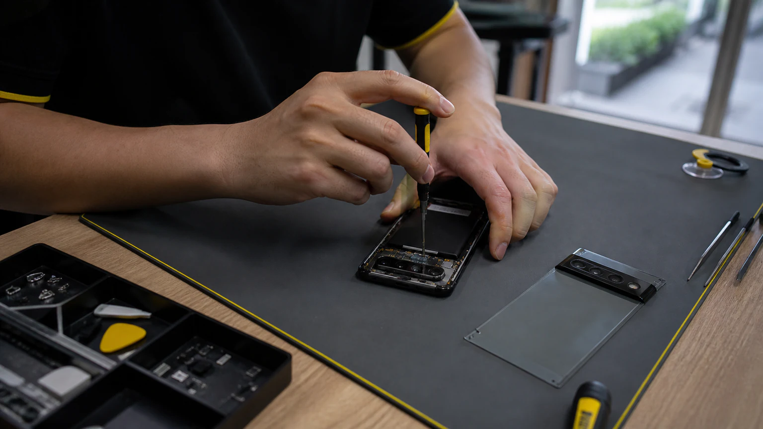 Technician repairing a Google Pixel phone in Orlando