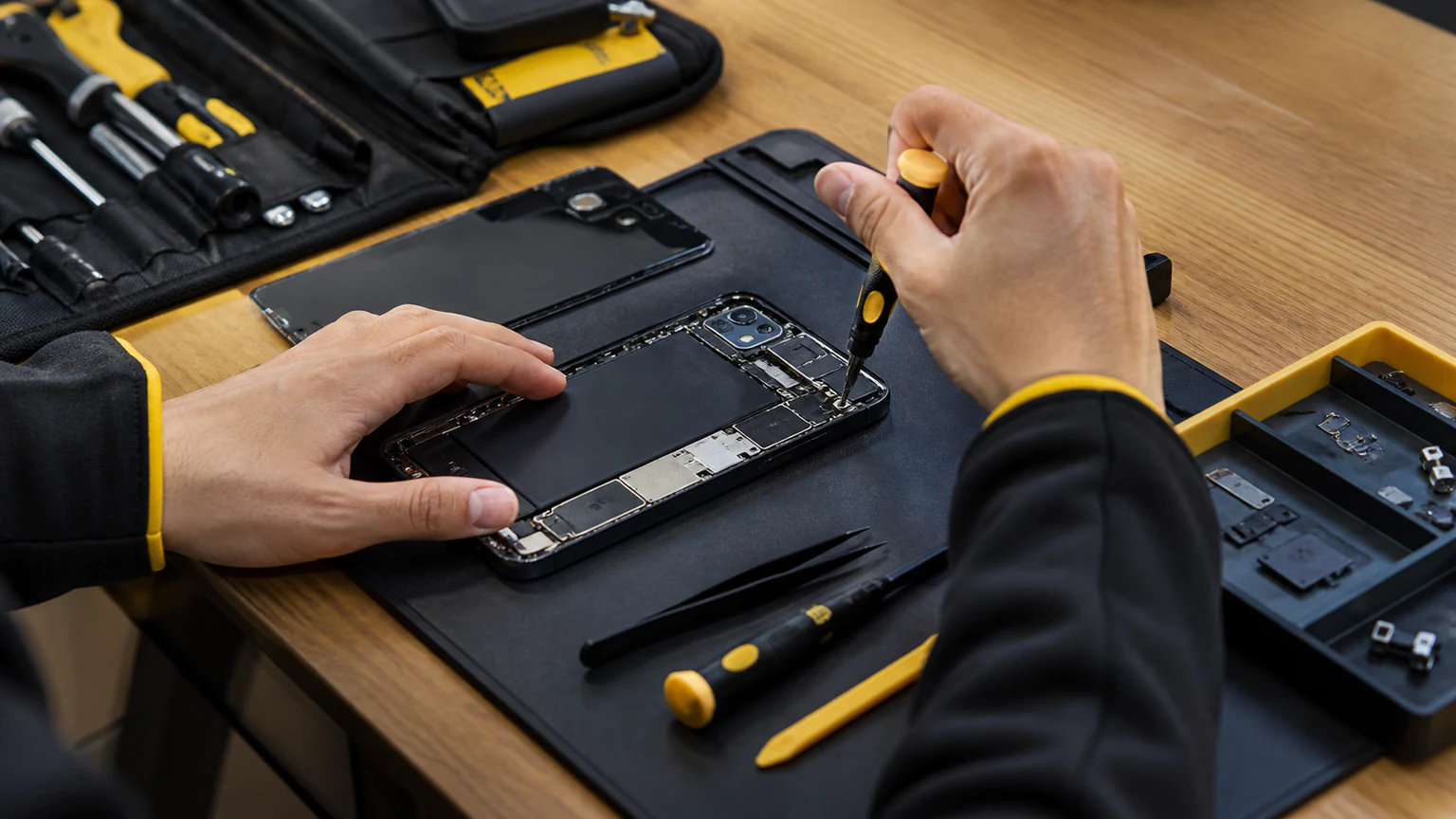 Technician replacing a smartphone battery with professional tools