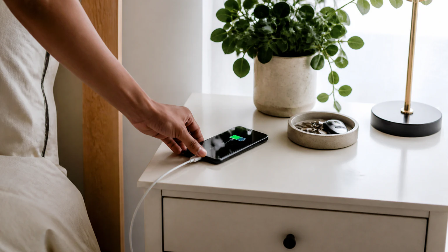 Smartphone charging safely in a cool uncluttered setting