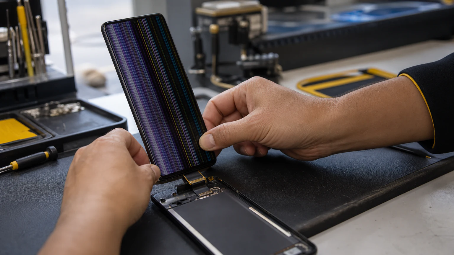 Smartphone display showing vertical colored lines during diagnosis