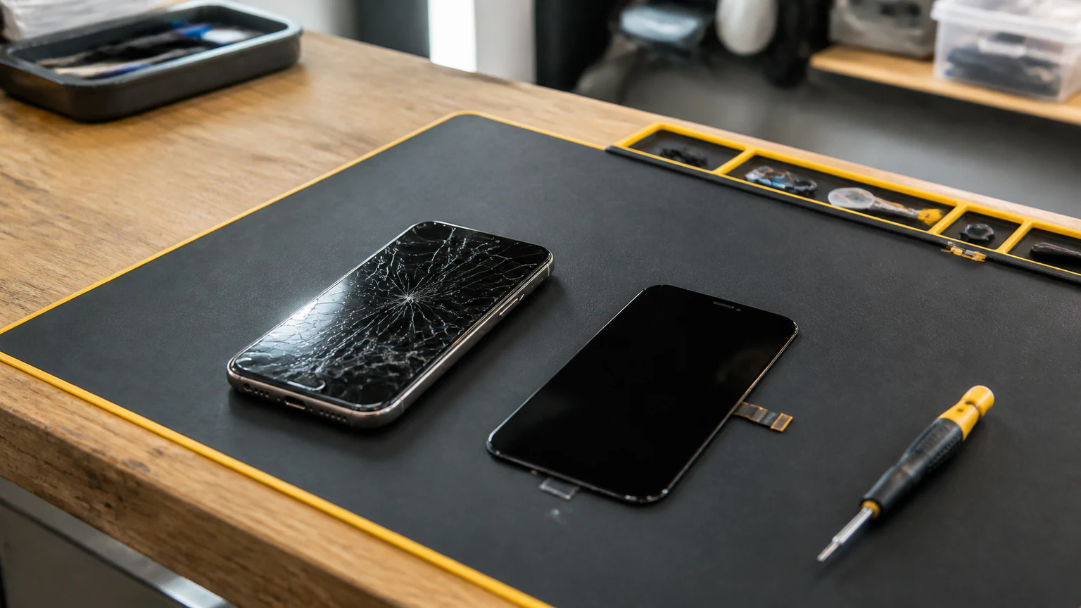 Cracked smartphone beside a replacement screen before repair booking