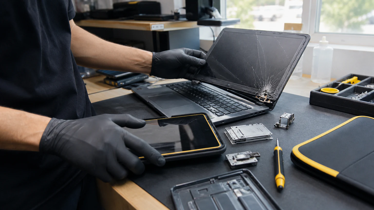 Technician inspecting a cracked laptop display before preparing a quote