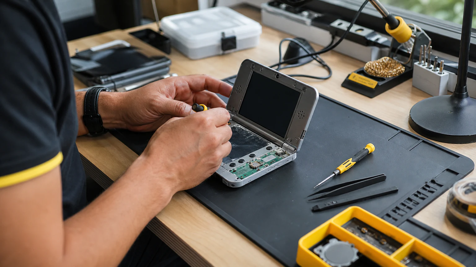 Technician repairing a dual-screen handheld game console