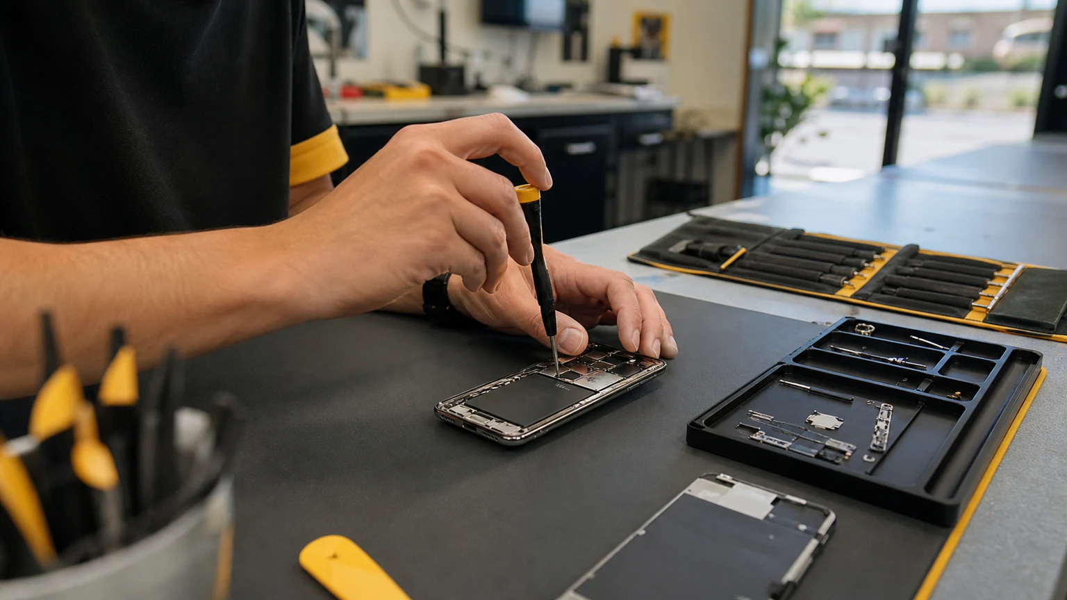 Technician repairing a smartphone at a precision workbench in Orlando