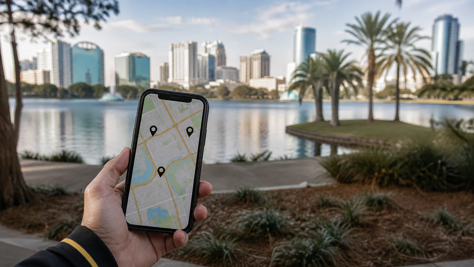 Smartphone navigation view representing three URPhone Store areas in Orlando