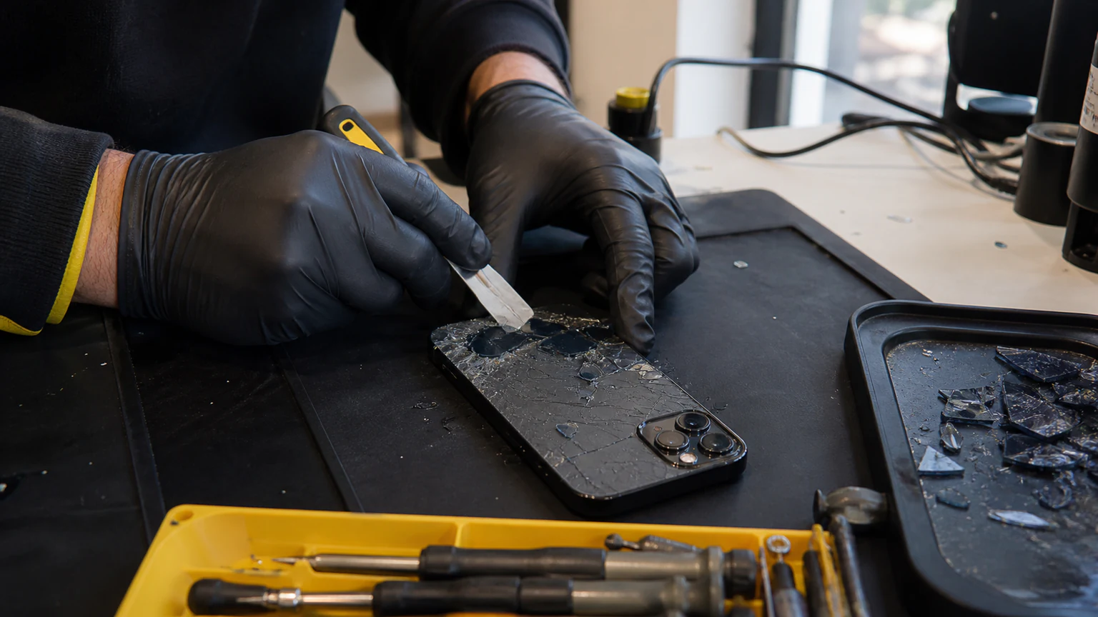 Technician replacing cracked smartphone back glass in Orlando