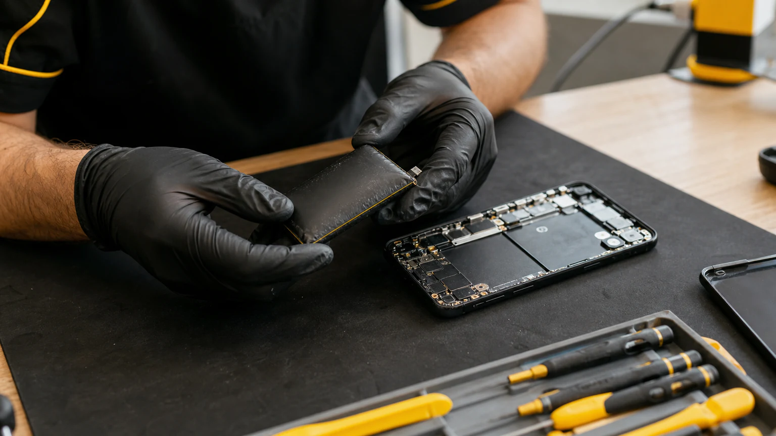 Technician inspecting a swollen smartphone battery at a repair bench
