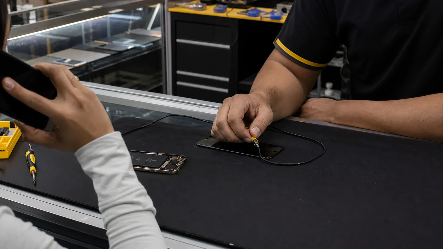 Customer testing call audio after a smartphone speaker repair