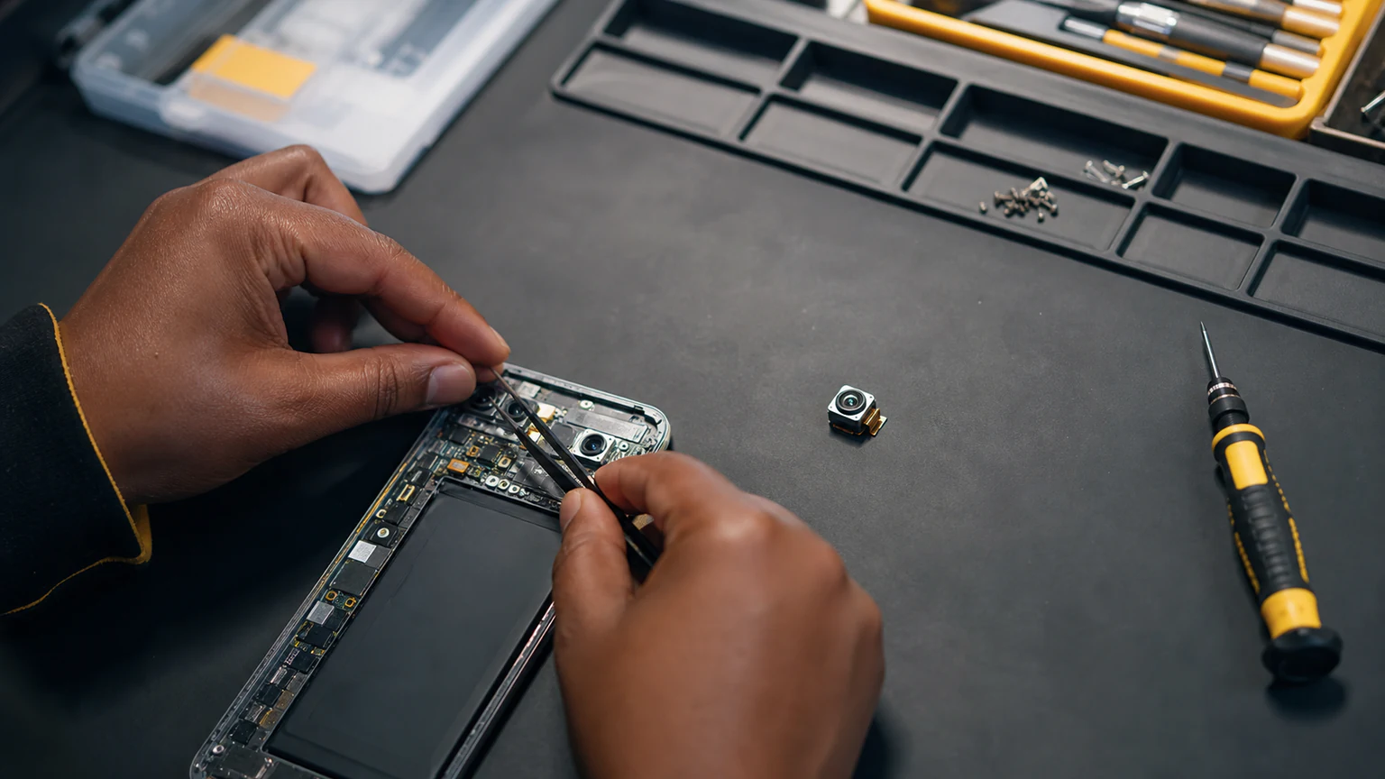 Technician repairing a smartphone camera module in Orlando