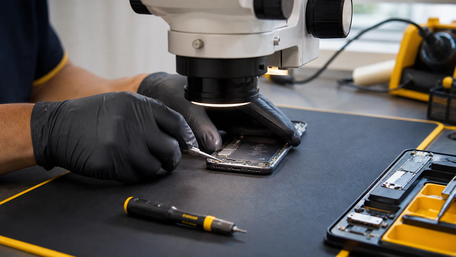 Technician repairing a smartphone charging port in Orlando
