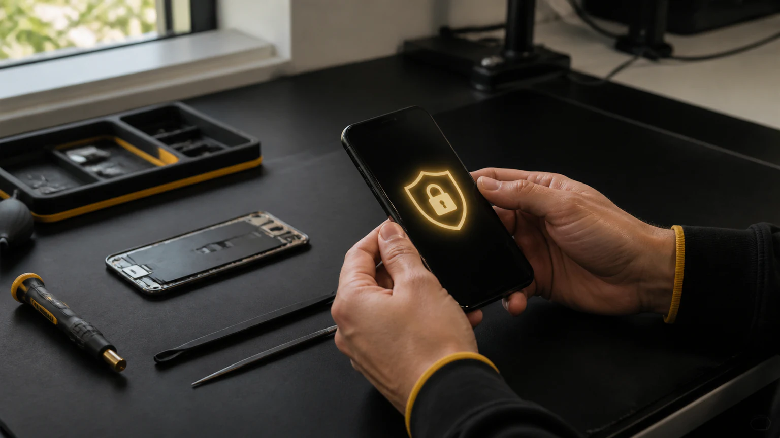 Smartphone with secure data protection symbols for the privacy policy