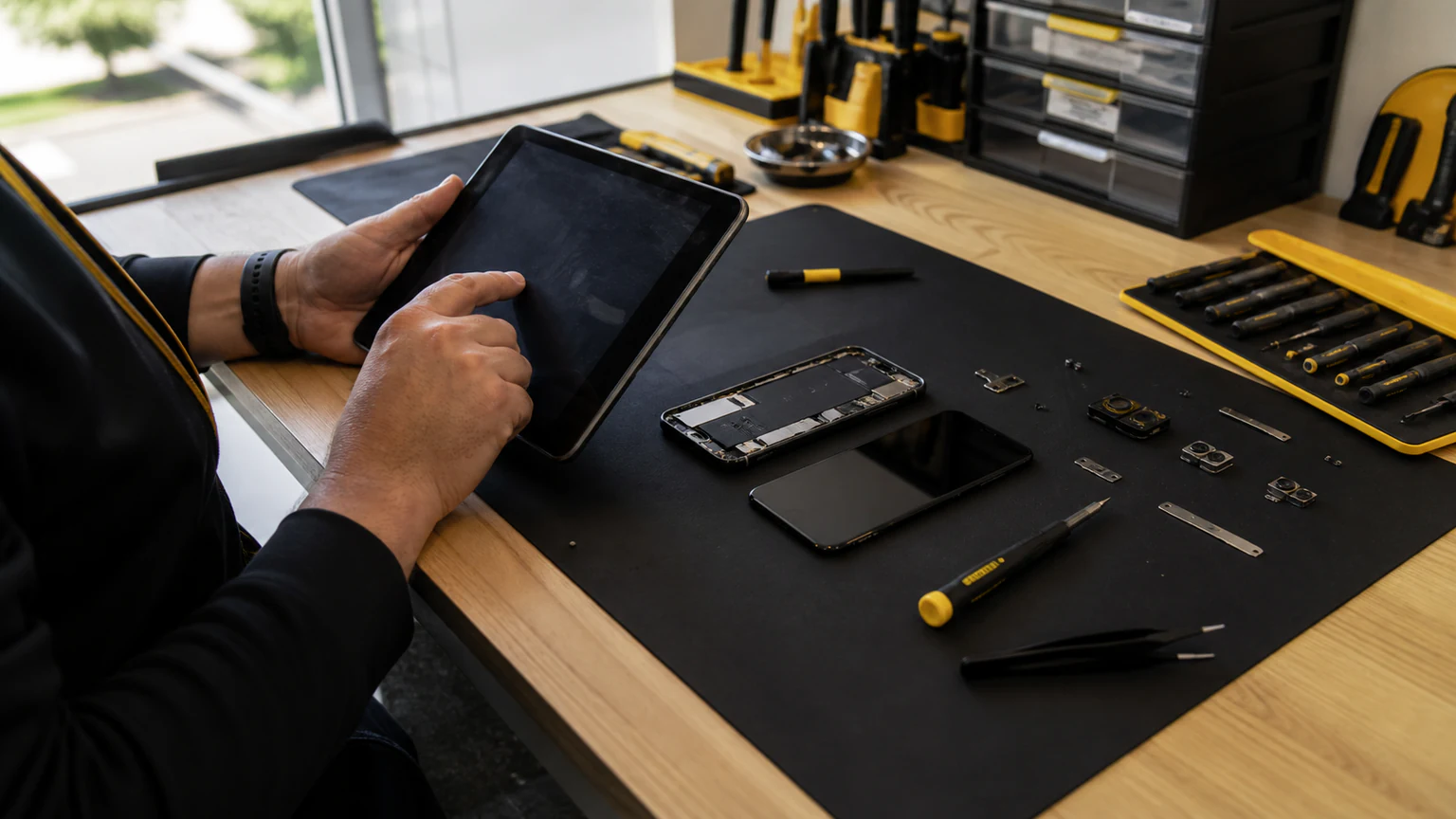 Technician reviewing a phone repair quote beside an open smartphone
