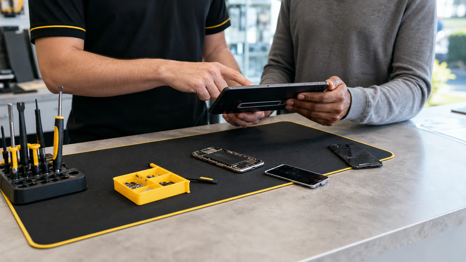 Technician preparing a transparent phone repair estimate in Orlando