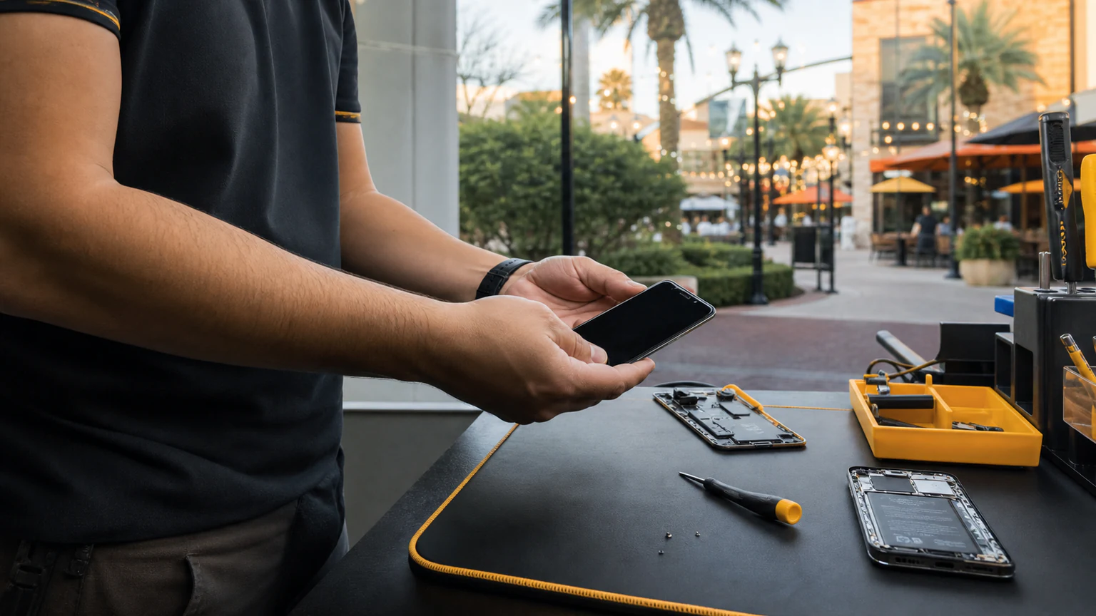 Dr. Phillips customer checking a repaired phone near an upscale Orlando district