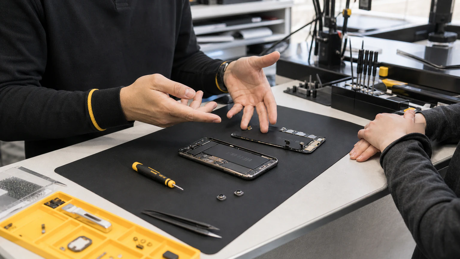 Customer asking an Orlando technician questions about a phone repair