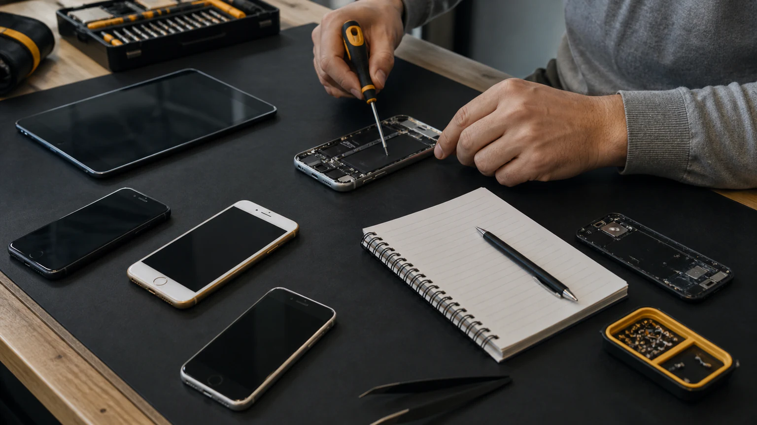 Collection of phone repair tools and devices for Orlando repair guides
