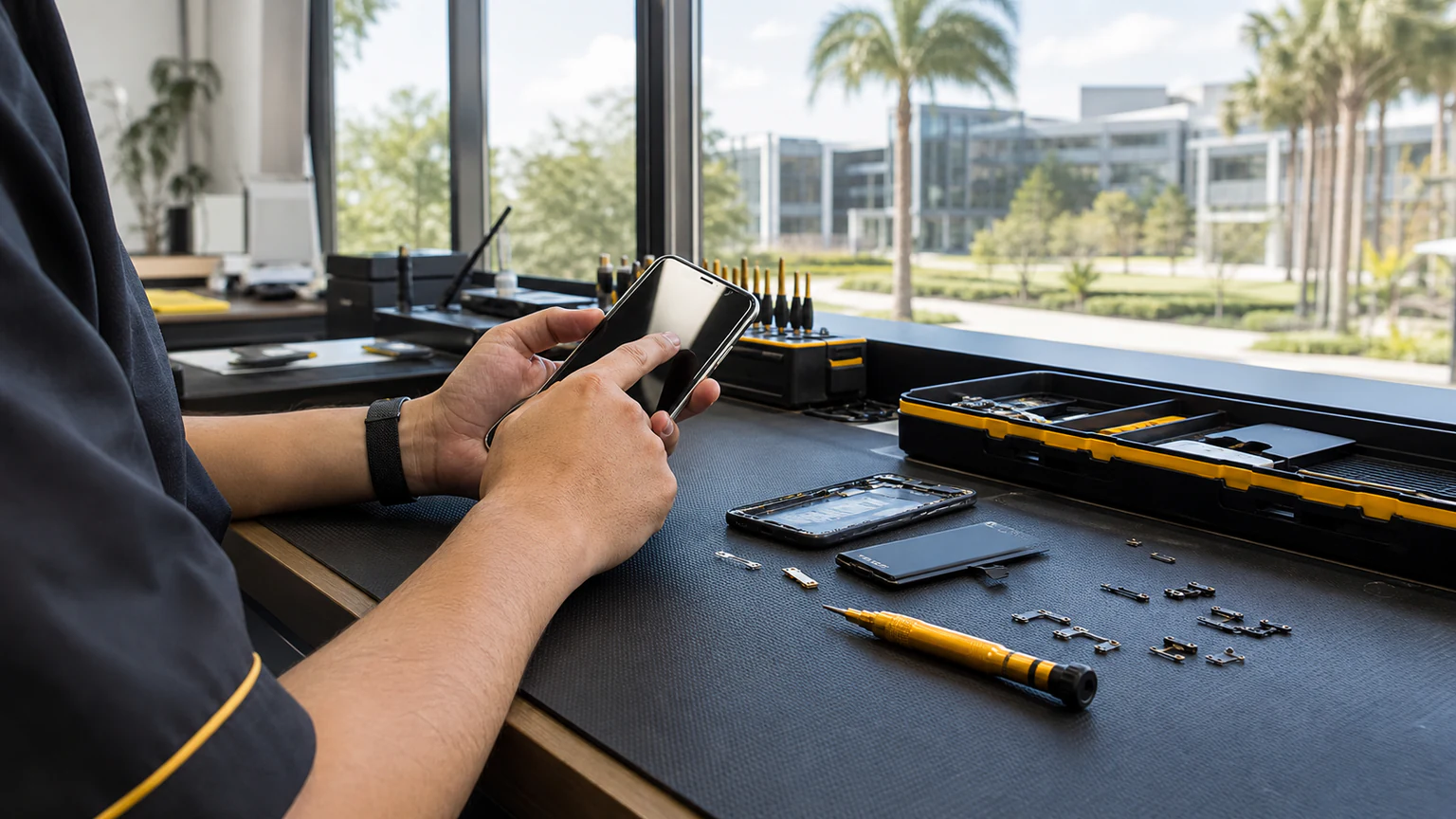 Lake Nona professional using a repaired smartphone in a modern medical district