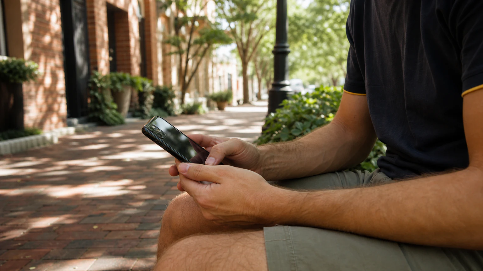 Winter Garden customer using a repaired phone in a historic brick downtown