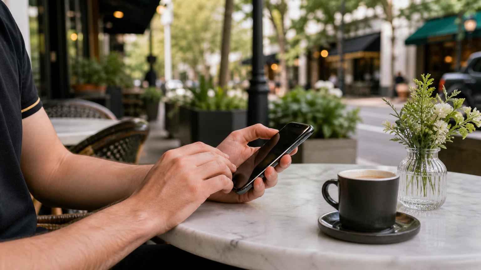 Winter Park customer using a repaired smartphone in a leafy shopping district