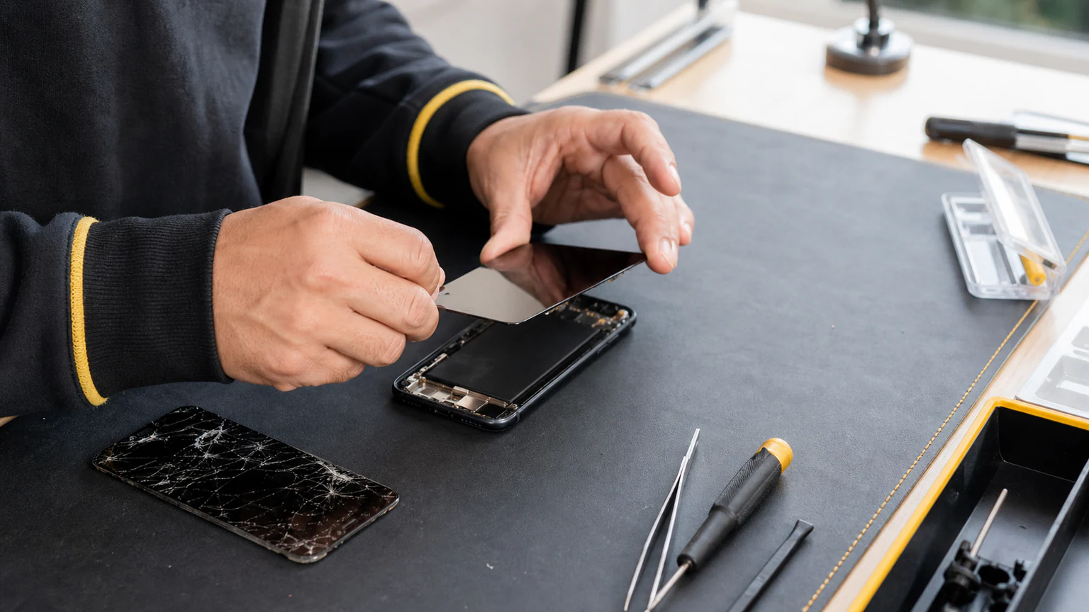Technician replacing a cracked smartphone screen in Orlando