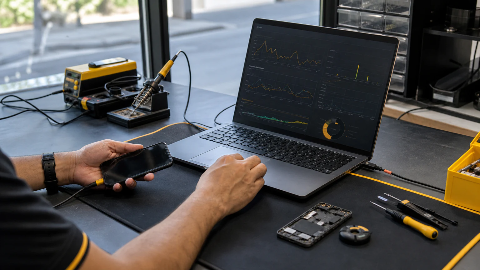 Technician running software diagnostics on a slow smartphone in Orlando