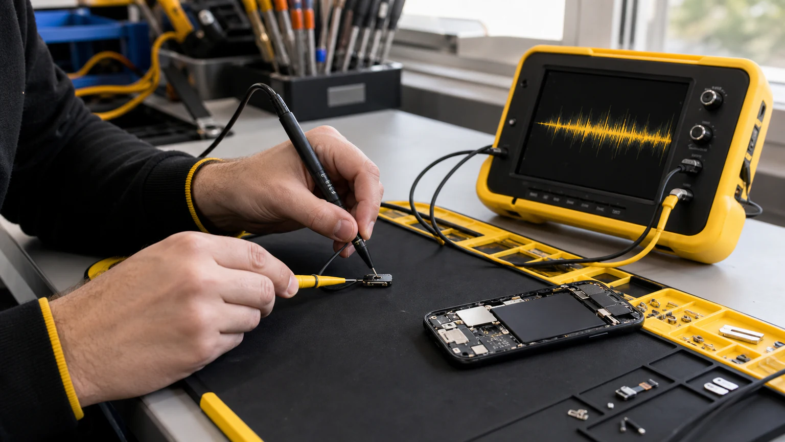 Technician testing and repairing a smartphone speaker in Orlando