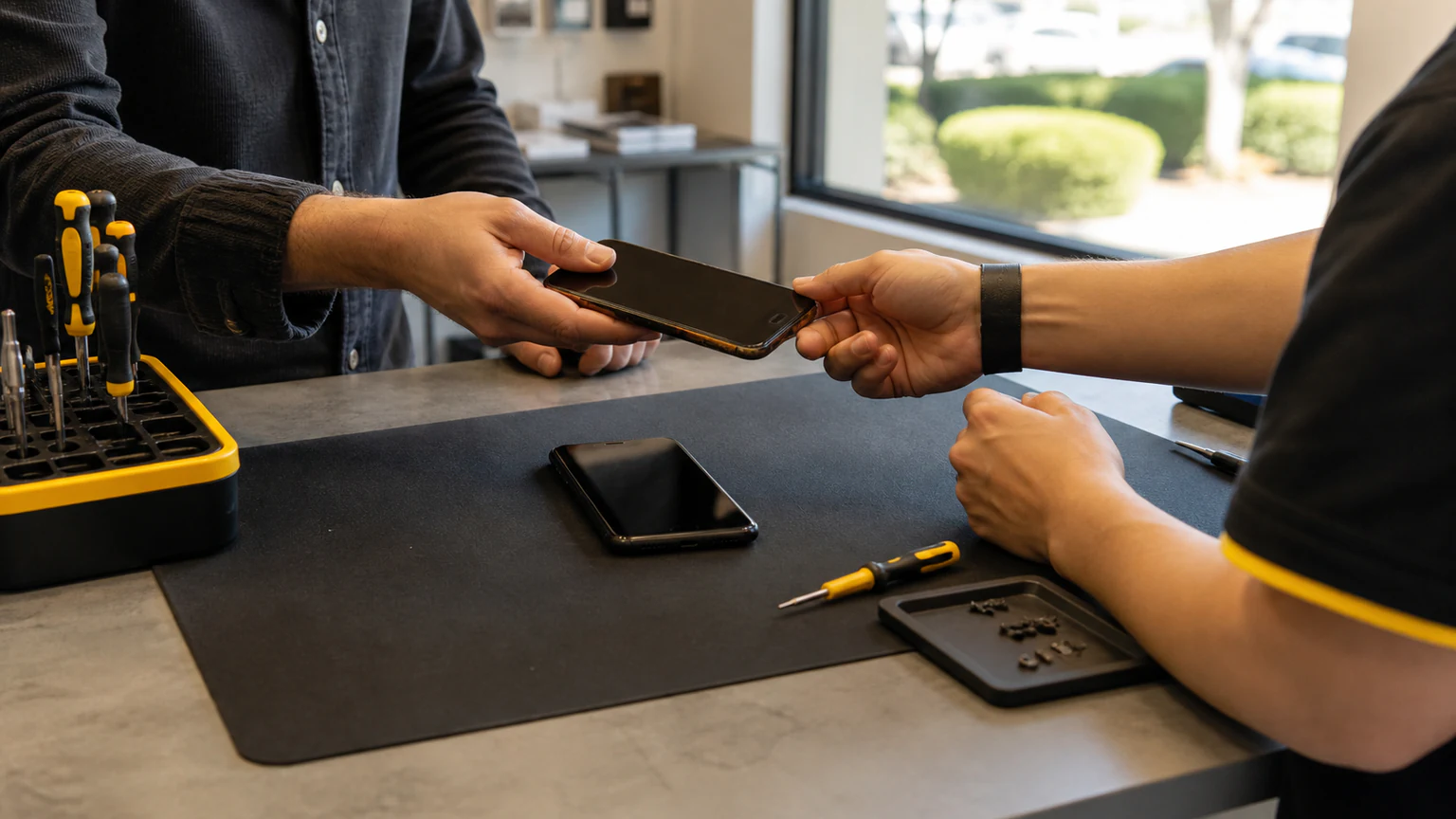 Customer trading in an older smartphone at an Orlando service counter