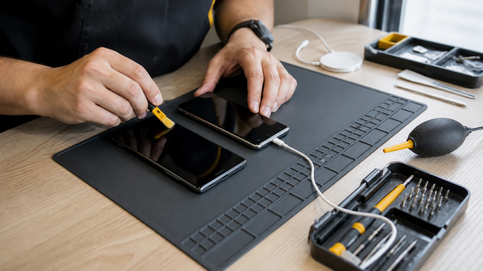 Two smartphones being diagnosed with safe troubleshooting tools