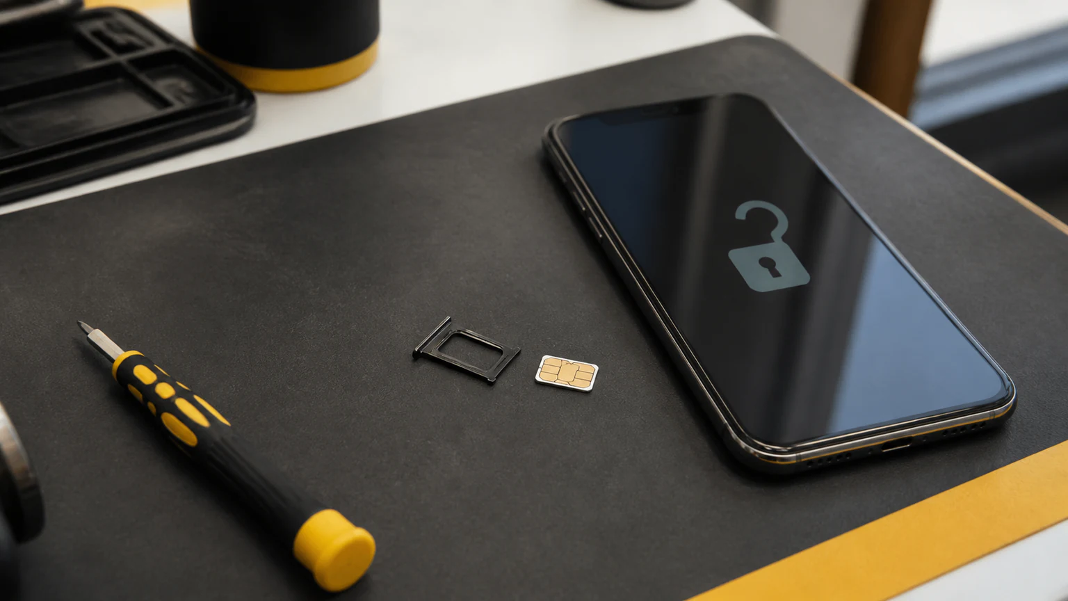 Unlocked smartphone beside a SIM card at an Orlando repair counter