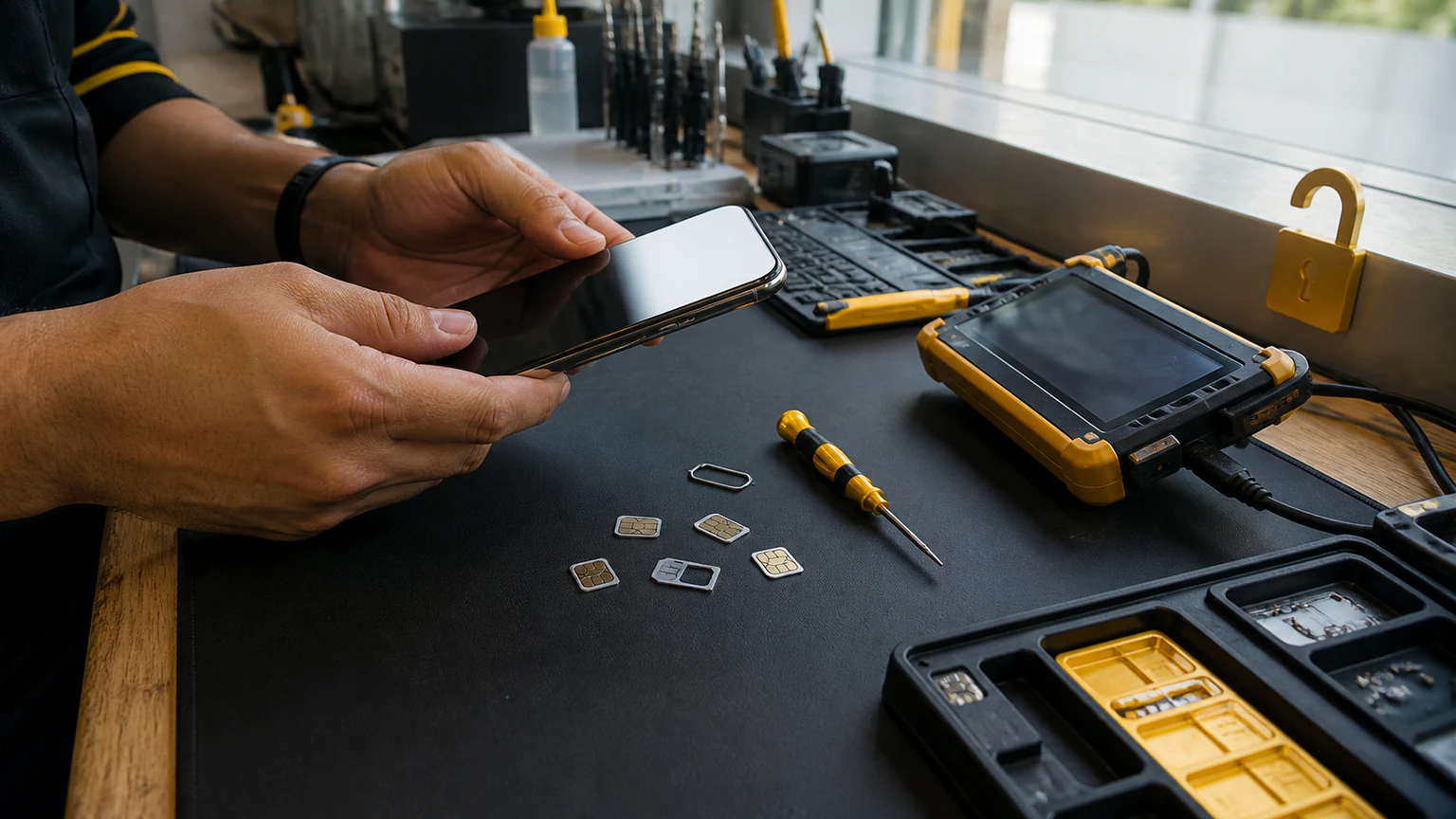Technician checking smartphone carrier-unlock eligibility in Orlando